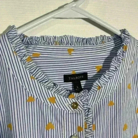 Talbots Button Up, Ruffle detail, Blue/White Stripe with Gold Hearts. Size Large - Picture 11 of 13